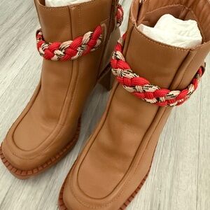 Elegant Tan Heeled Boots with Red Braided Detail
